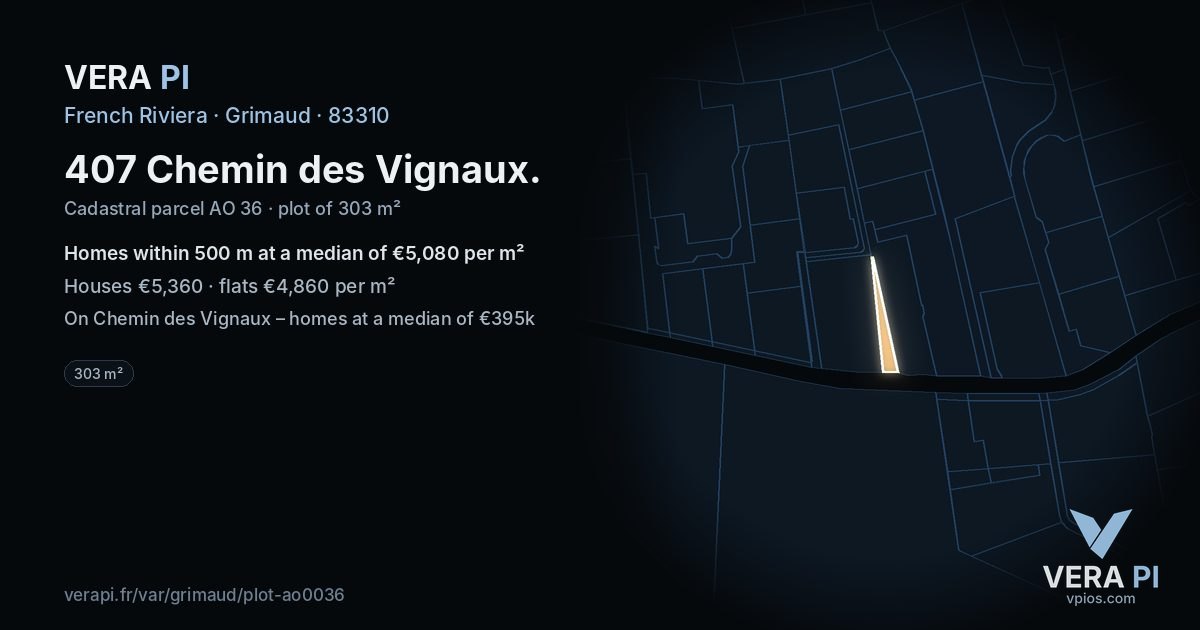 407 Chemin des Vignaux, Grimaud at night – the plot lit, the parcels around coloured by the prices near them