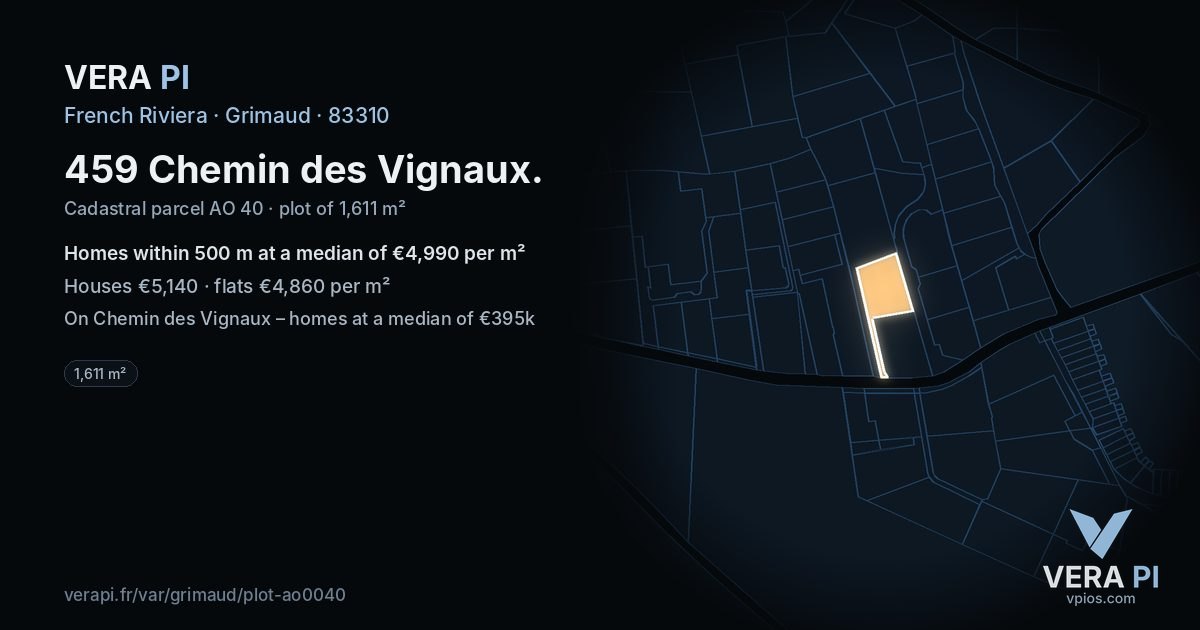 459 Chemin des Vignaux, Grimaud at night – the plot lit, the parcels around coloured by the prices near them
