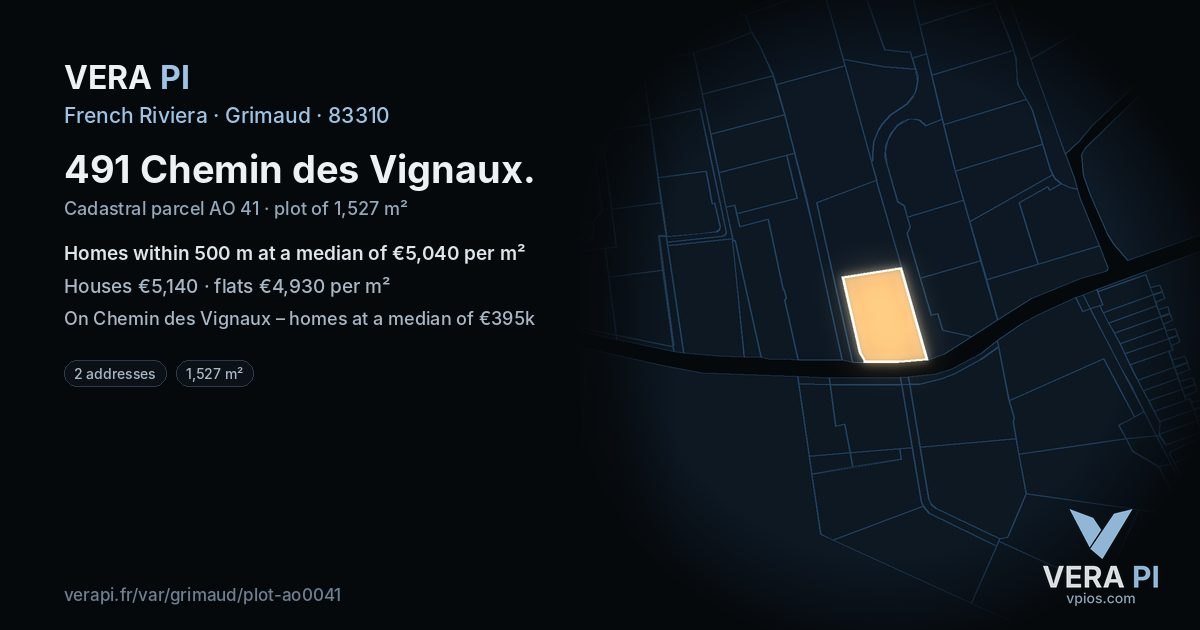 491 Chemin des Vignaux, Grimaud at night – the plot lit, the parcels around coloured by the prices near them