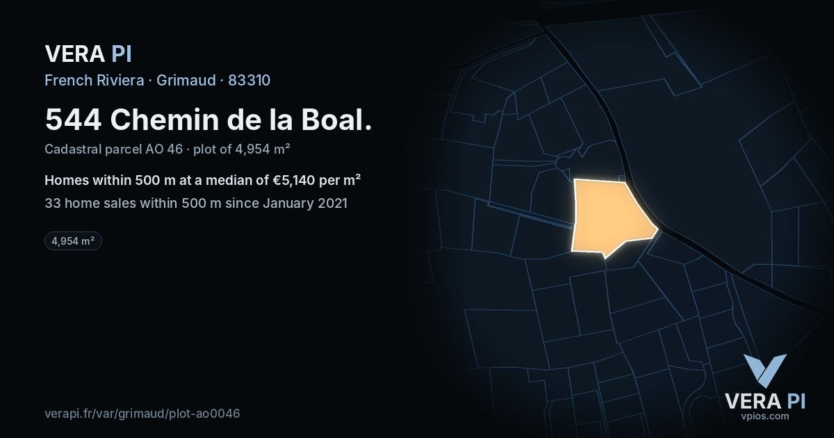544 Chemin de la Boal, Grimaud at night – the plot lit, the parcels around coloured by the prices near them