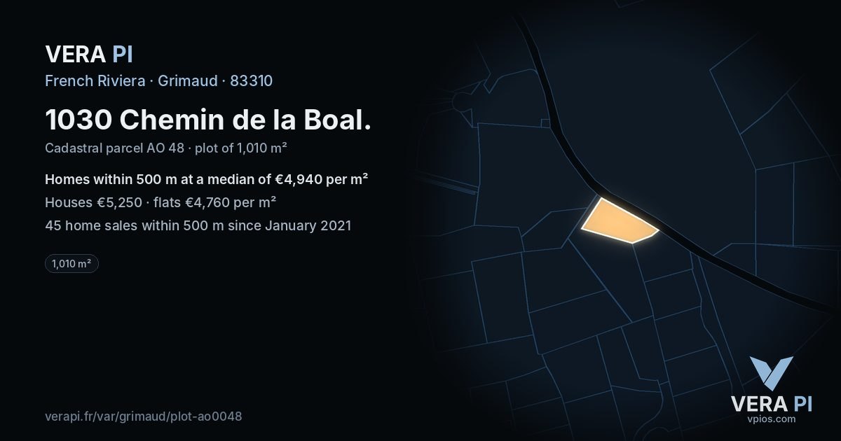 1030 Chemin de la Boal, Grimaud at night – the plot lit, the parcels around coloured by the prices near them