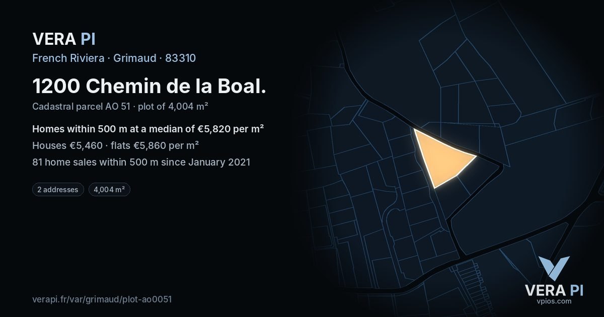 1200 Chemin de la Boal, Grimaud at night – the plot lit, the parcels around coloured by the prices near them