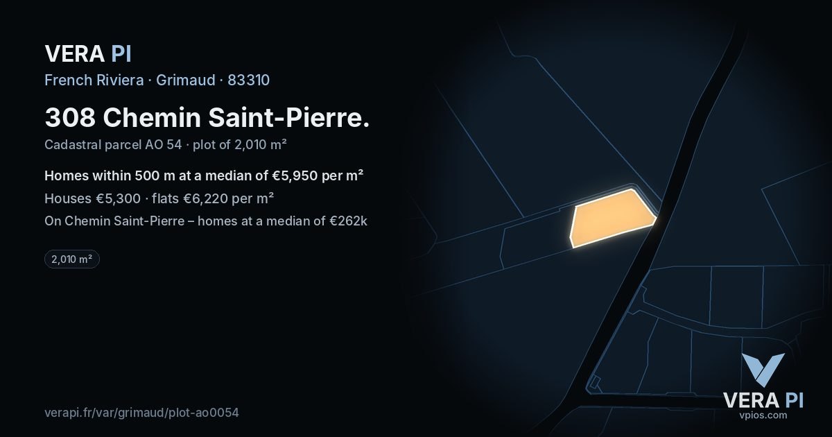 308 Chemin Saint-Pierre, Grimaud at night – the plot lit, the parcels around coloured by the prices near them
