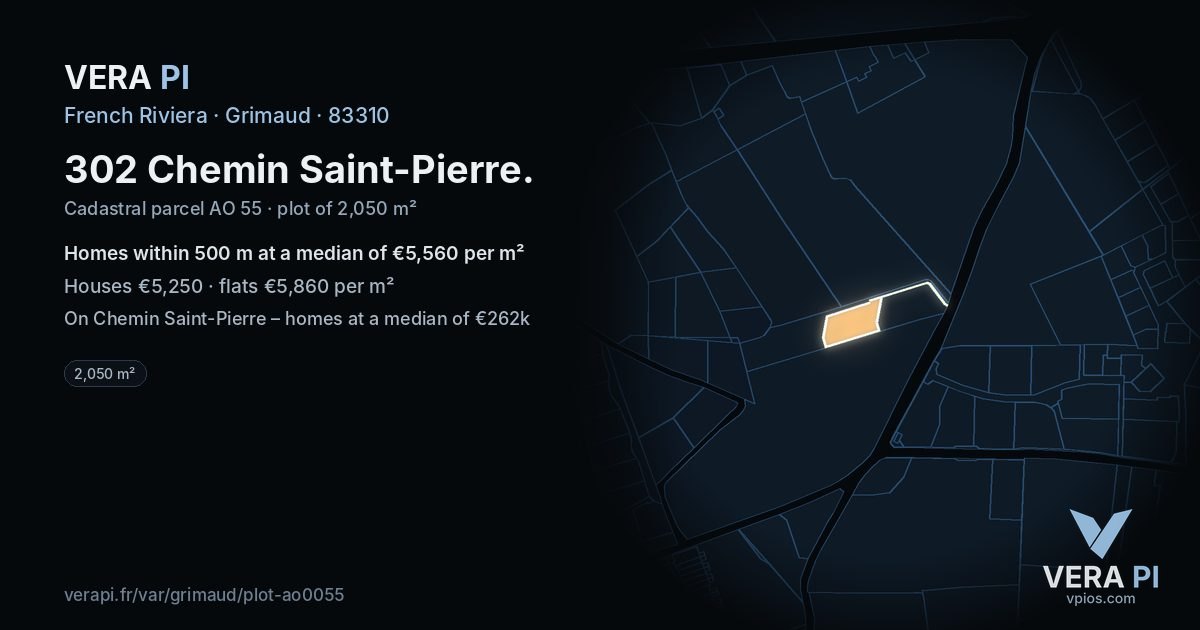 302 Chemin Saint-Pierre, Grimaud at night – the plot lit, the parcels around coloured by the prices near them