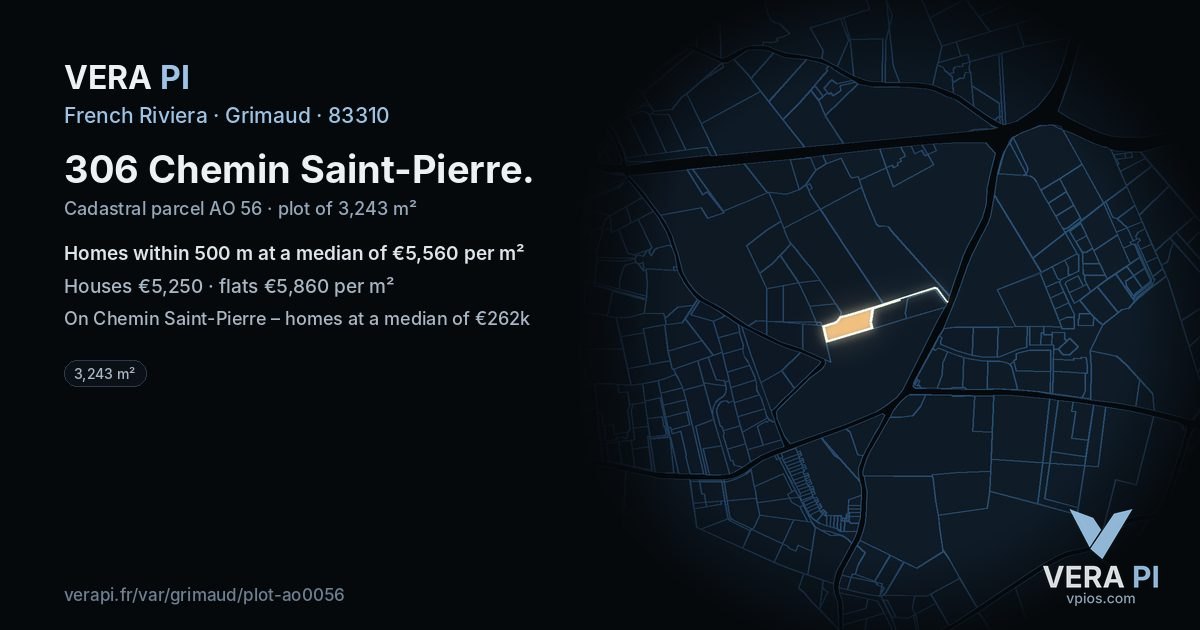306 Chemin Saint-Pierre, Grimaud at night – the plot lit, the parcels around coloured by the prices near them