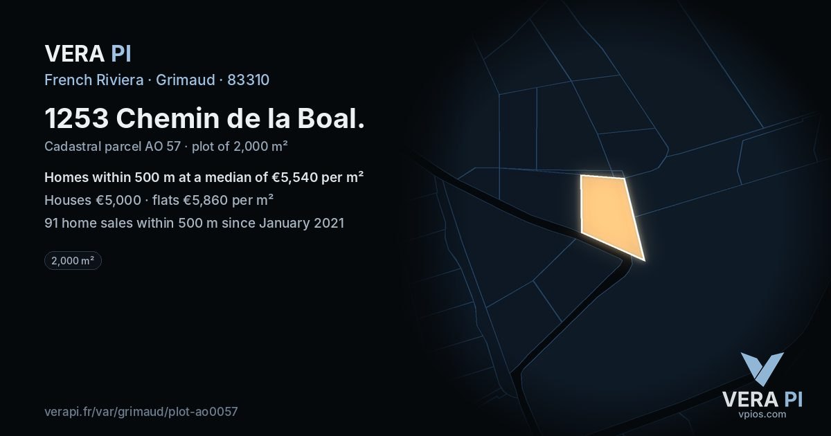 1253 Chemin de la Boal, Grimaud at night – the plot lit, the parcels around coloured by the prices near them