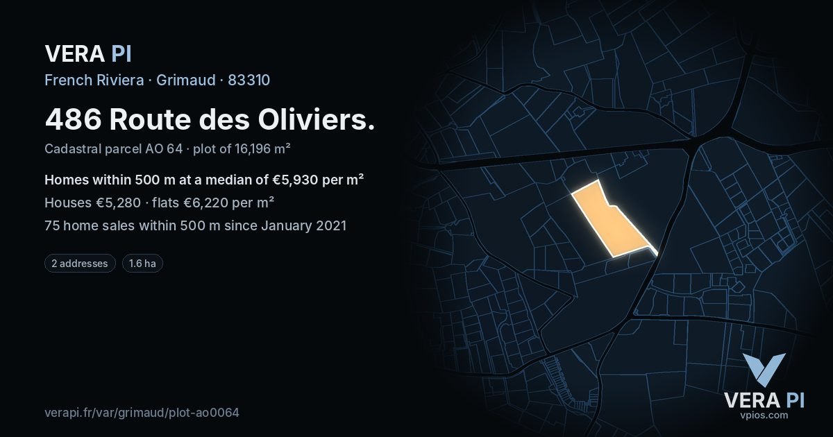 486 Route des Oliviers, Grimaud at night – the plot lit, the parcels around coloured by the prices near them