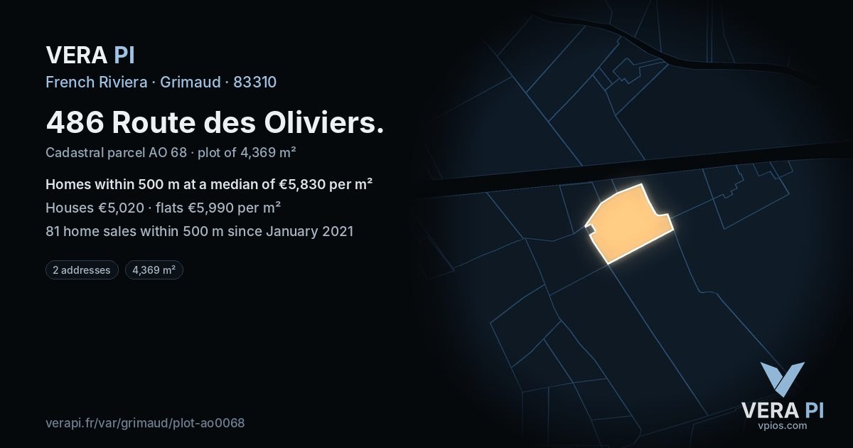 486 Route des Oliviers, Grimaud at night – the plot lit, the parcels around coloured by the prices near them