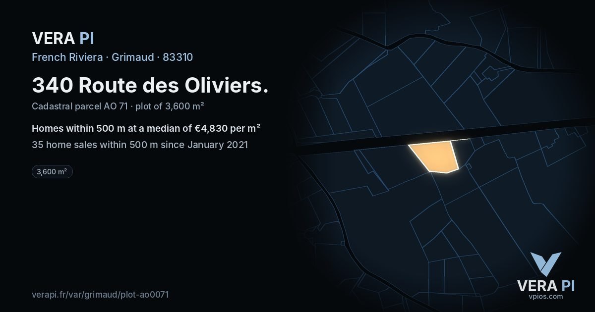 340 Route des Oliviers, Grimaud at night – the plot lit, the parcels around coloured by the prices near them