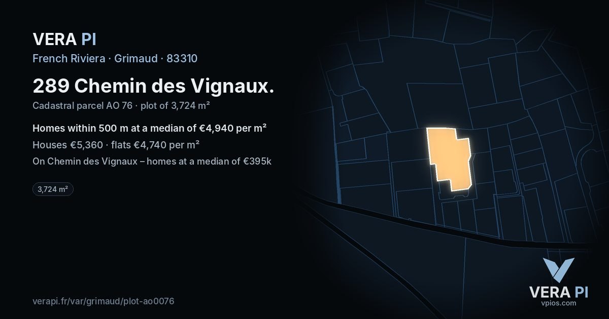 289 Chemin des Vignaux, Grimaud at night – the plot lit, the parcels around coloured by the prices near them