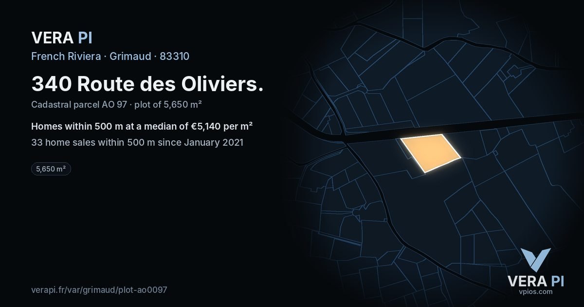 340 Route des Oliviers, Grimaud at night – the plot lit, the parcels around coloured by the prices near them