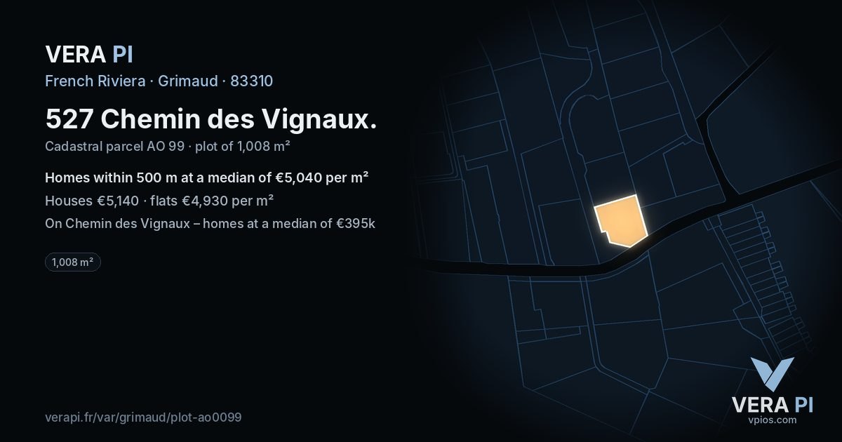 527 Chemin des Vignaux, Grimaud at night – the plot lit, the parcels around coloured by the prices near them