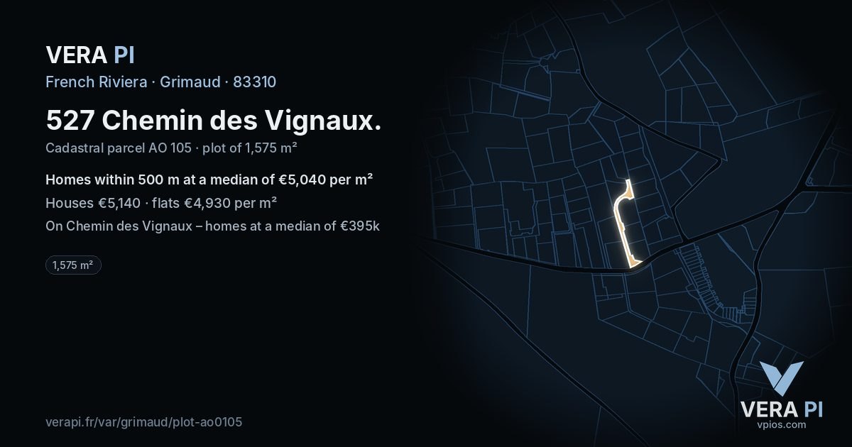 527 Chemin des Vignaux, Grimaud at night – the plot lit, the parcels around coloured by the prices near them