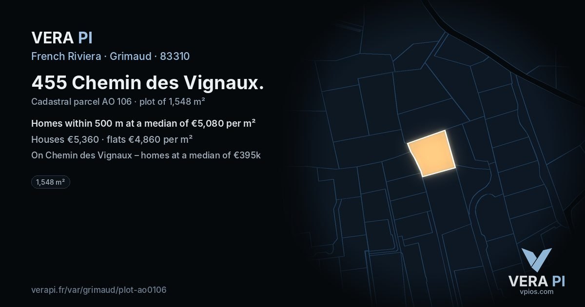 455 Chemin des Vignaux, Grimaud at night – the plot lit, the parcels around coloured by the prices near them