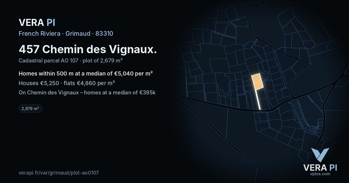 457 Chemin des Vignaux, Grimaud at night – the plot lit, the parcels around coloured by the prices near them