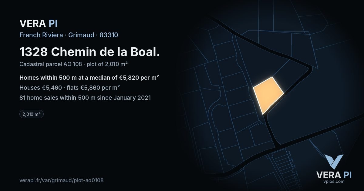 1328 Chemin de la Boal, Grimaud at night – the plot lit, the parcels around coloured by the prices near them