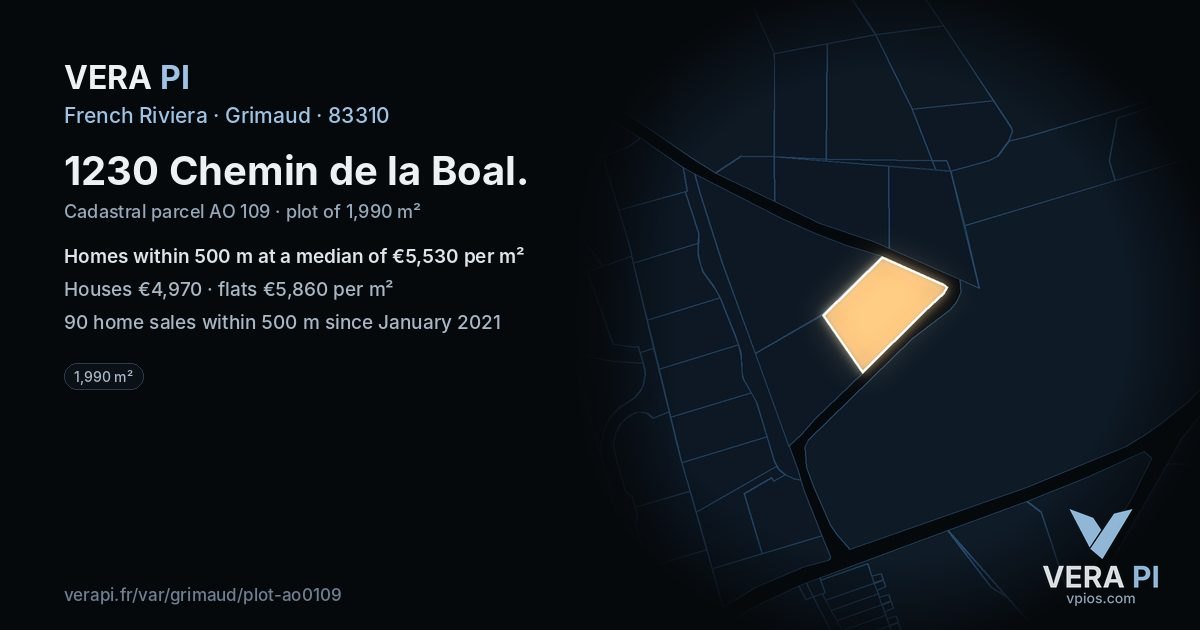 1230 Chemin de la Boal, Grimaud at night – the plot lit, the parcels around coloured by the prices near them