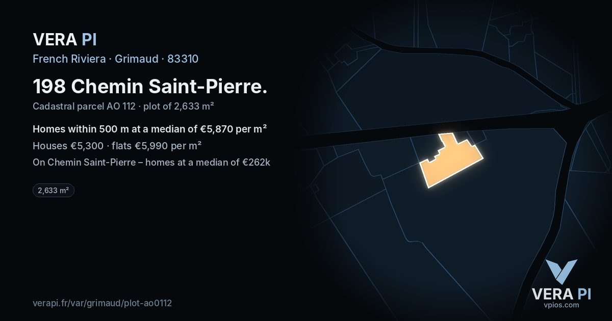 198 Chemin Saint-Pierre, Grimaud at night – the plot lit, the parcels around coloured by the prices near them