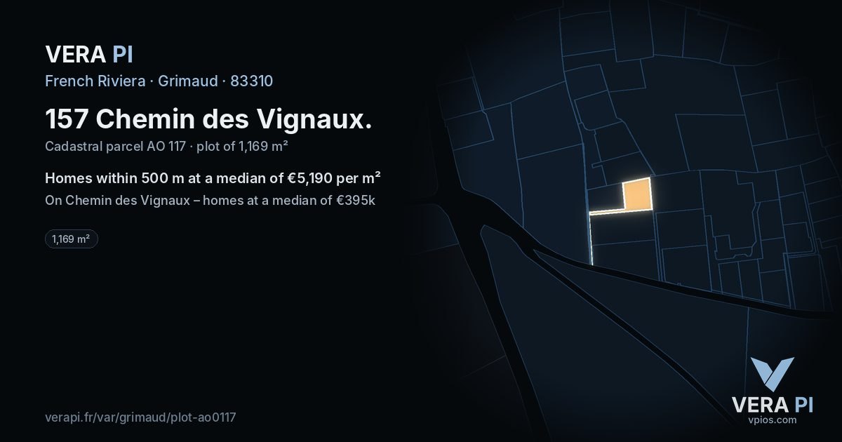 157 Chemin des Vignaux, Grimaud at night – the plot lit, the parcels around coloured by the prices near them