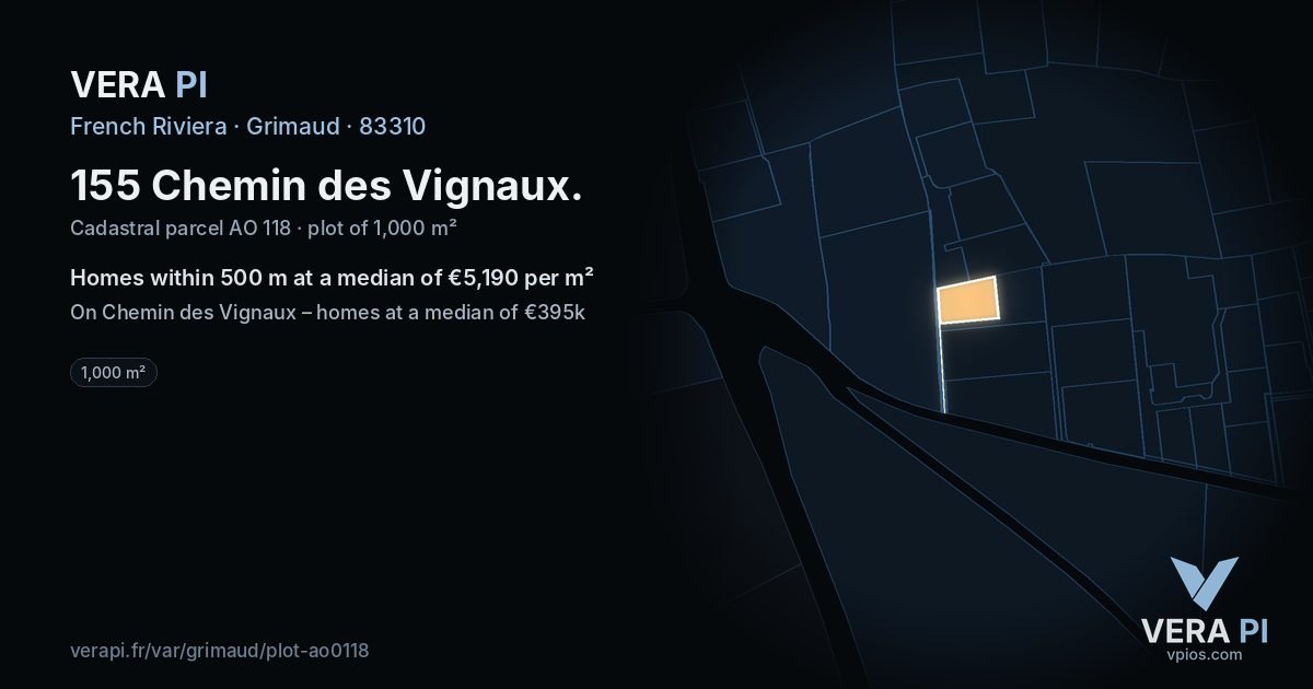 155 Chemin des Vignaux, Grimaud at night – the plot lit, the parcels around coloured by the prices near them