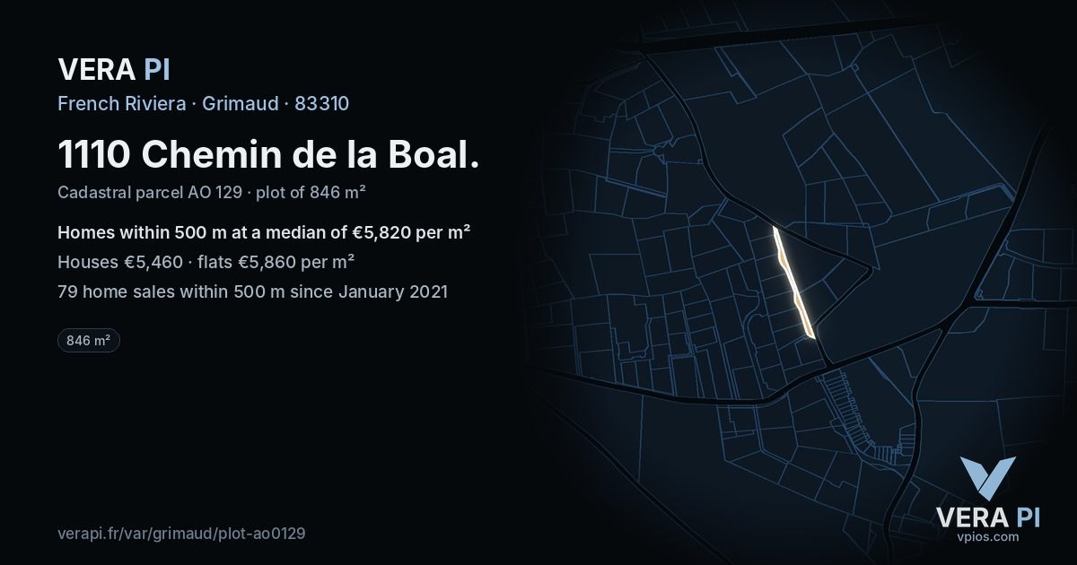 1110 Chemin de la Boal, Grimaud at night – the plot lit, the parcels around coloured by the prices near them