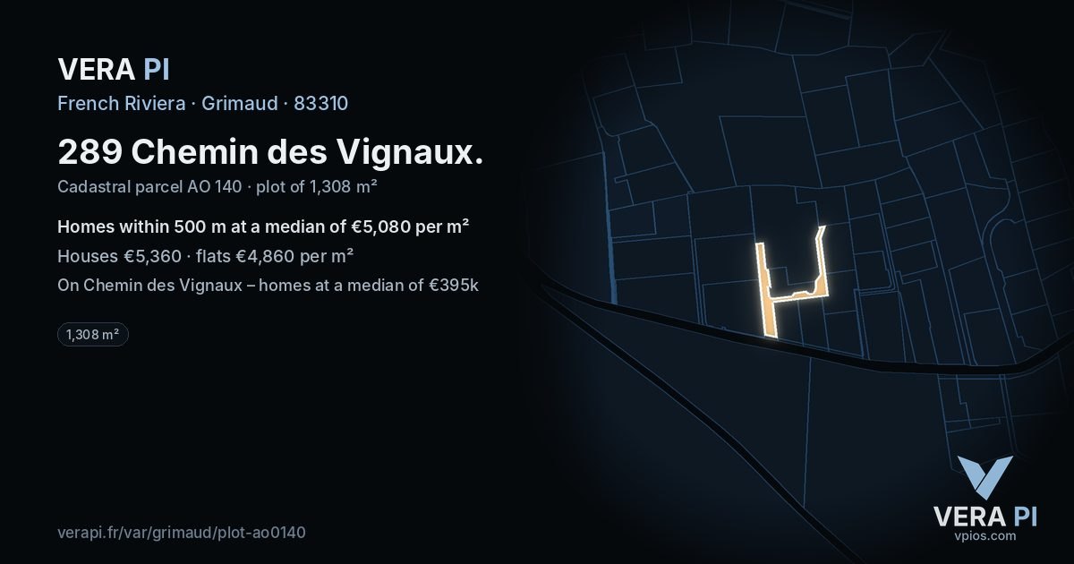289 Chemin des Vignaux, Grimaud at night – the plot lit, the parcels around coloured by the prices near them