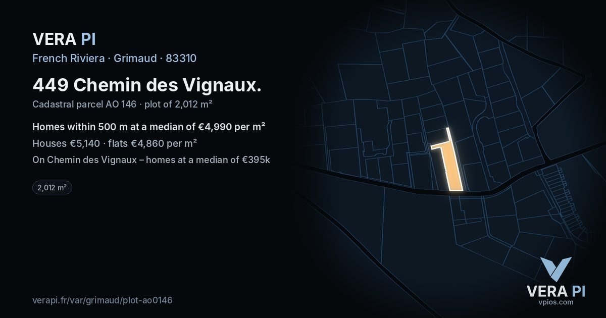 449 Chemin des Vignaux, Grimaud at night – the plot lit, the parcels around coloured by the prices near them