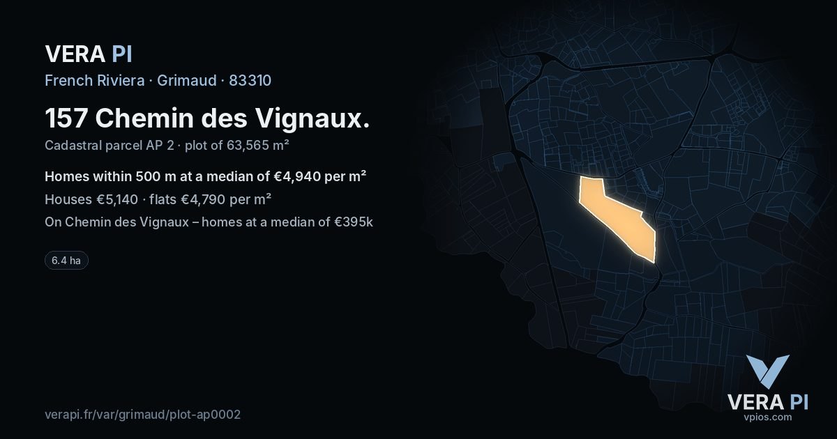 157 Chemin des Vignaux, Grimaud at night – the plot lit, the parcels around coloured by the prices near them