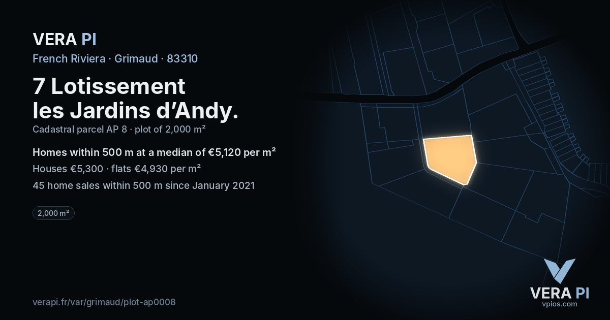 7 Lotissement les Jardins d’Andy, Grimaud at night – the plot lit, the parcels around coloured by the prices near them