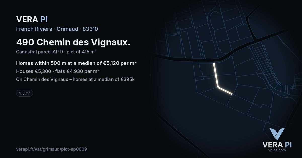 490 Chemin des Vignaux, Grimaud at night – the plot lit, the parcels around coloured by the prices near them