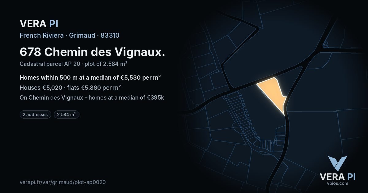 678 Chemin des Vignaux, Grimaud at night – the plot lit, the parcels around coloured by the prices near them