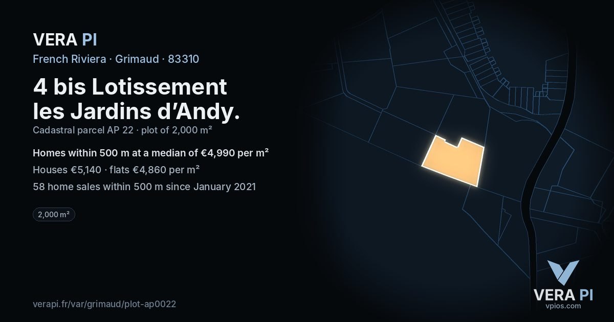 4 bis Lotissement les Jardins d’Andy, Grimaud at night – the plot lit, the parcels around coloured by the prices near them