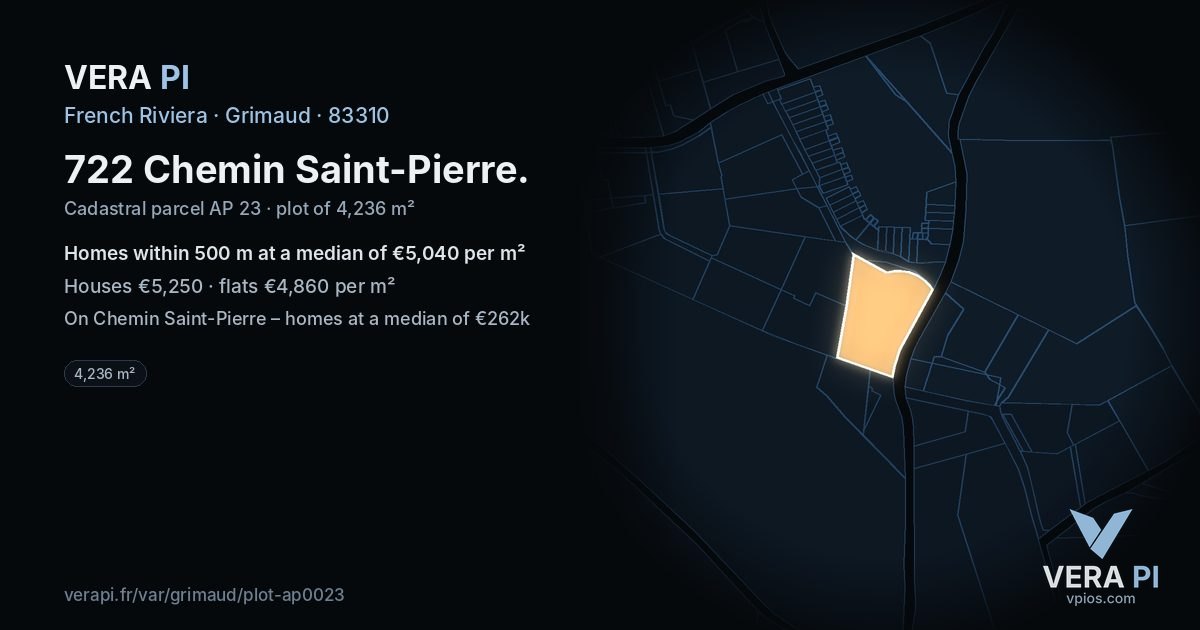 722 Chemin Saint-Pierre, Grimaud at night – the plot lit, the parcels around coloured by the prices near them