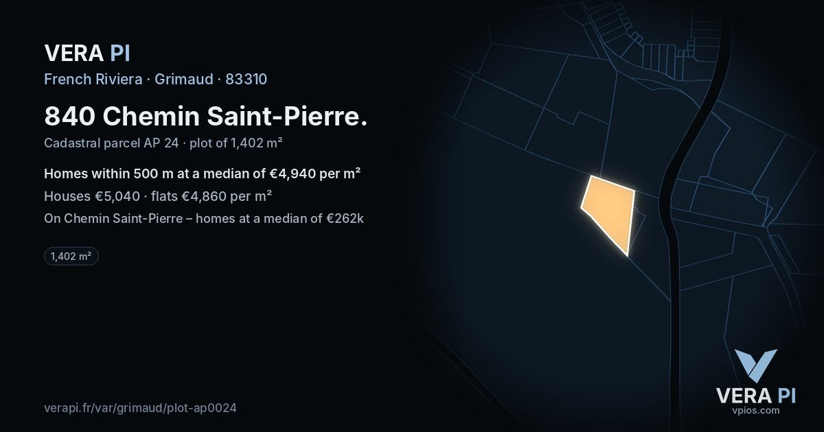 840 Chemin Saint-Pierre, Grimaud at night – the plot lit, the parcels around coloured by the prices near them