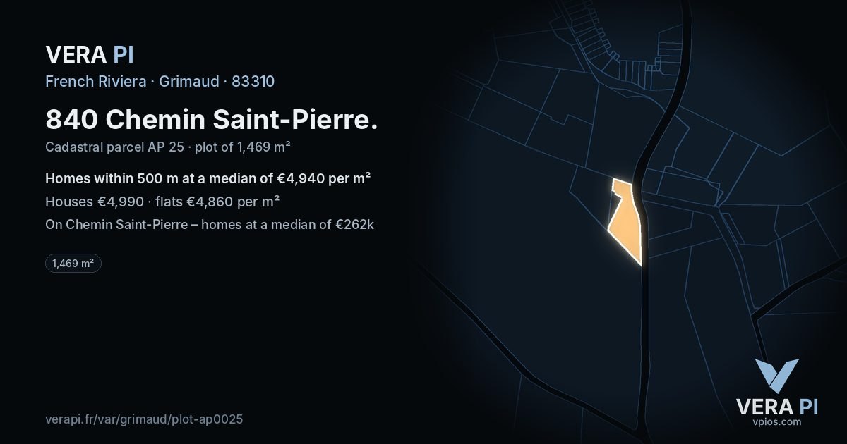 840 Chemin Saint-Pierre, Grimaud at night – the plot lit, the parcels around coloured by the prices near them