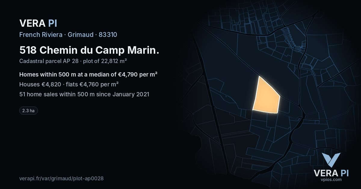 518 Chemin du Camp Marin, Grimaud at night – the plot lit, the parcels around coloured by the prices near them