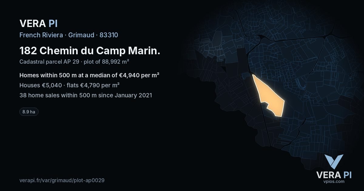 182 Chemin du Camp Marin, Grimaud at night – the plot lit, the parcels around coloured by the prices near them