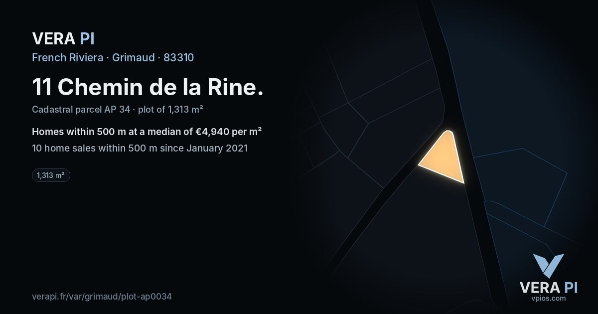 11 Chemin de la Rine, Grimaud at night – the plot lit, the parcels around coloured by the prices near them