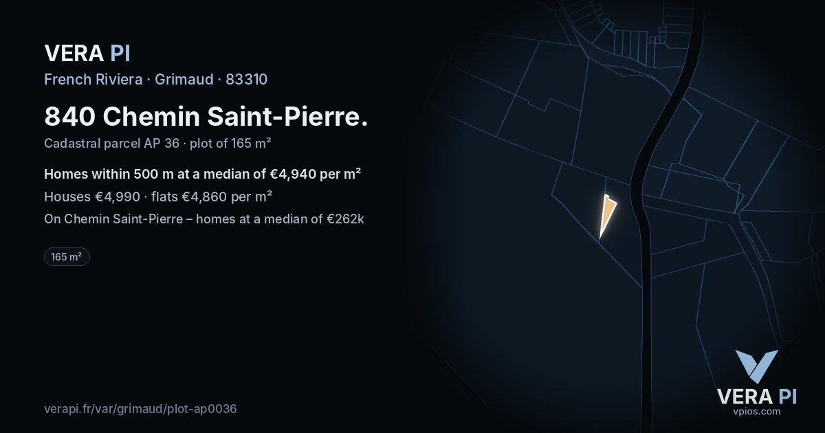 840 Chemin Saint-Pierre, Grimaud at night – the plot lit, the parcels around coloured by the prices near them