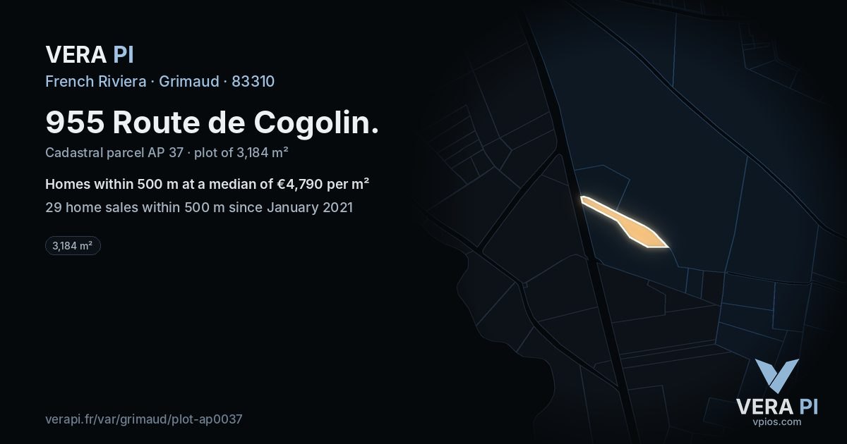 955 Route de Cogolin, Grimaud at night – the plot lit, the parcels around coloured by the prices near them