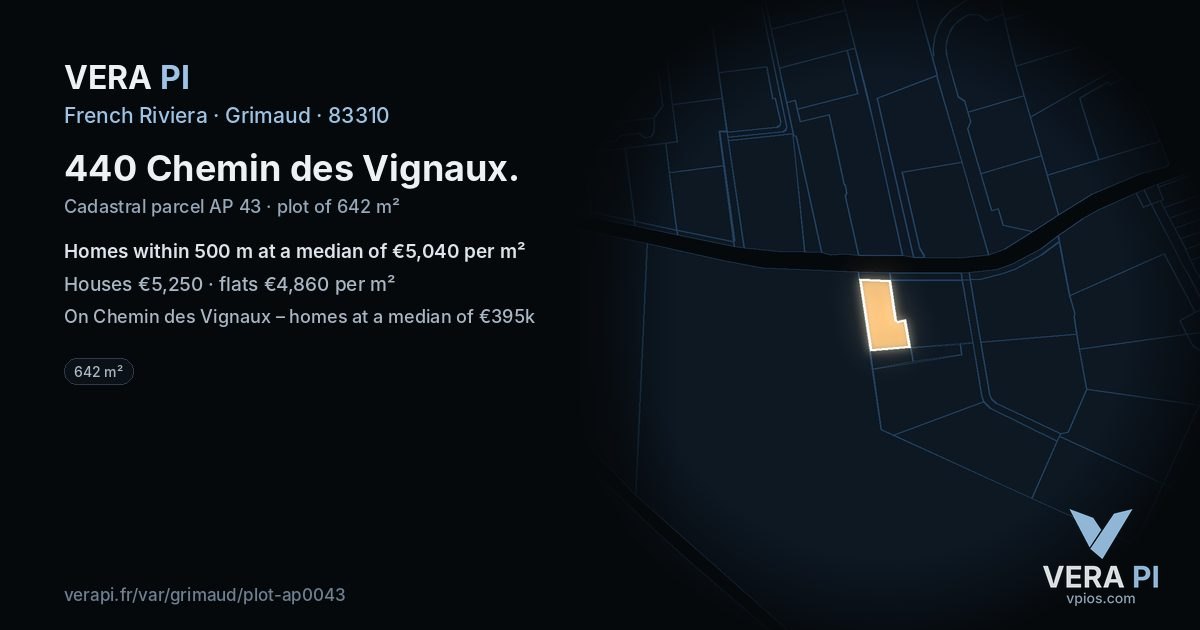 440 Chemin des Vignaux, Grimaud at night – the plot lit, the parcels around coloured by the prices near them