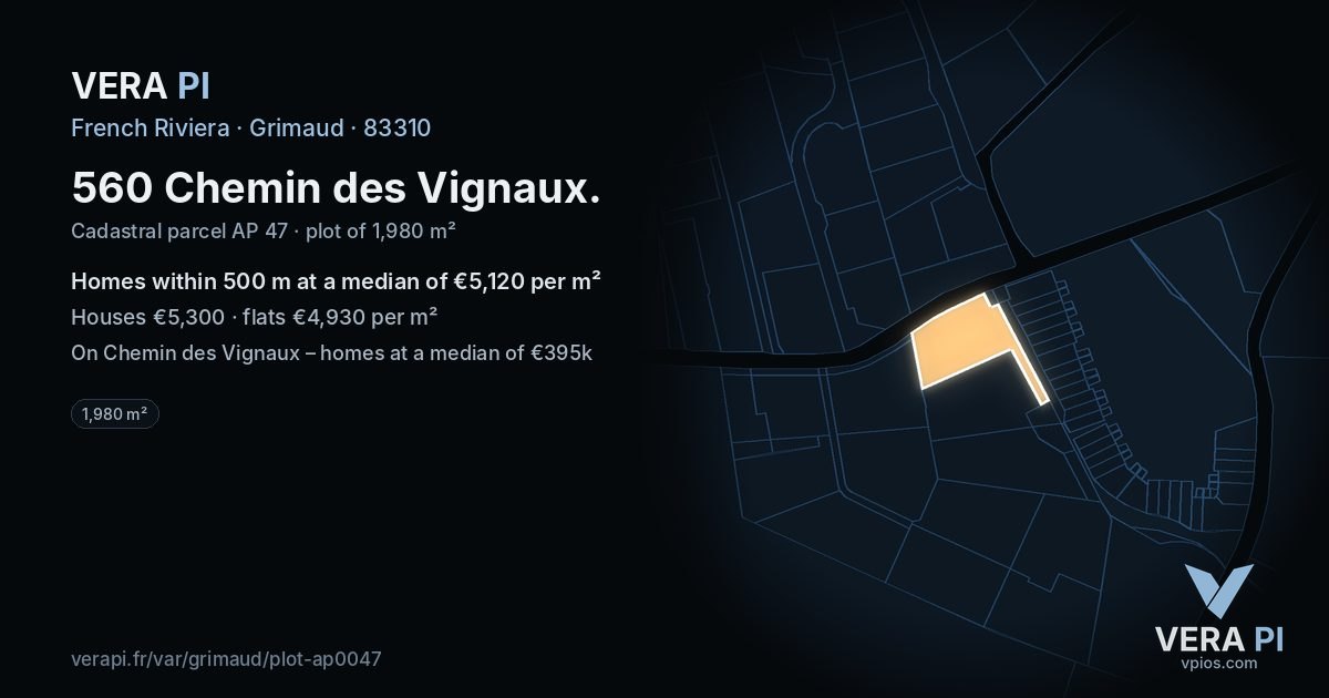 560 Chemin des Vignaux, Grimaud at night – the plot lit, the parcels around coloured by the prices near them