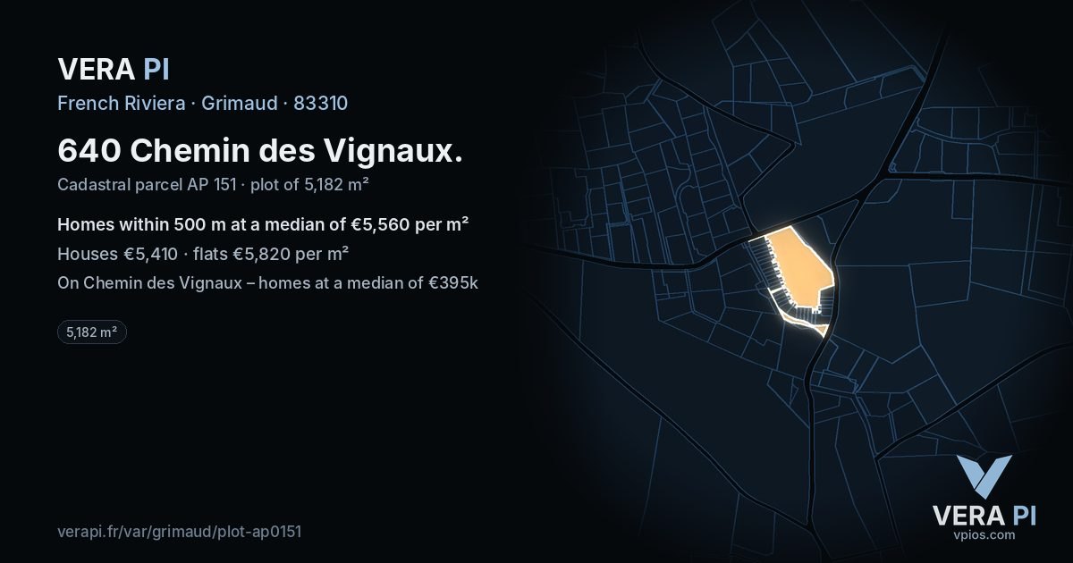640 Chemin des Vignaux, Grimaud at night – the plot lit, the parcels around coloured by the prices near them