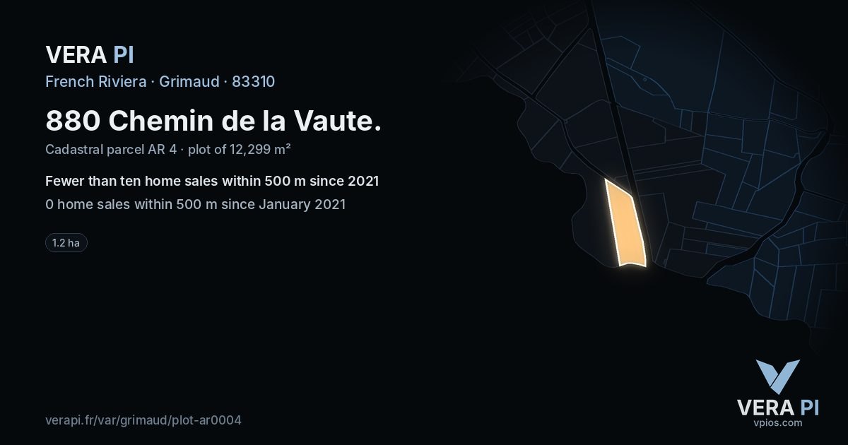 880 Chemin de la Vaute, Grimaud at night – the plot lit, the parcels around coloured by the prices near them