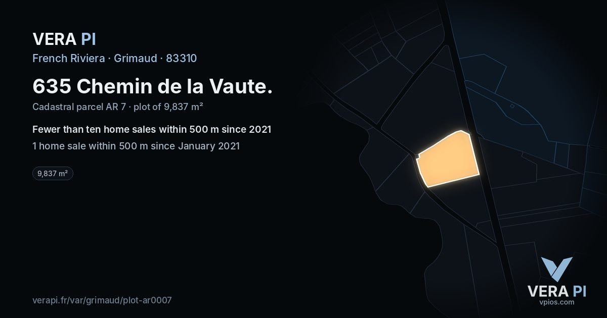 635 Chemin de la Vaute, Grimaud at night – the plot lit, the parcels around coloured by the prices near them