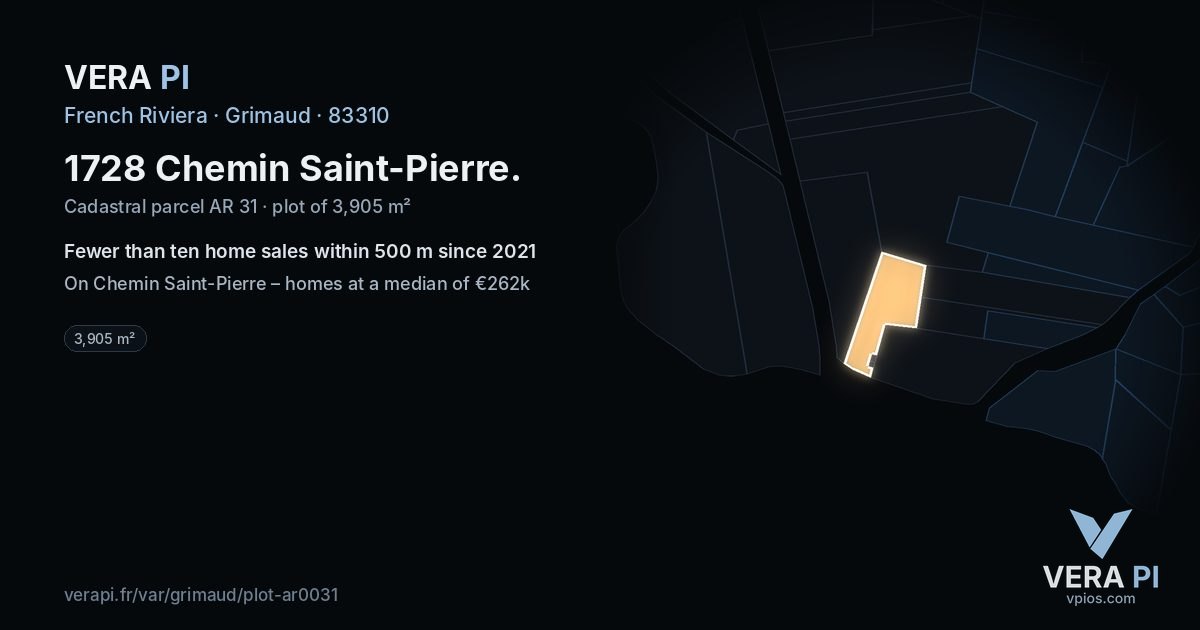 1728 Chemin Saint-Pierre, Grimaud at night – the plot lit, the parcels around coloured by the prices near them