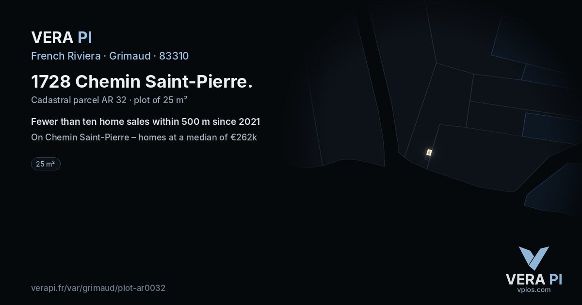 1728 Chemin Saint-Pierre, Grimaud at night – the plot lit, the parcels around coloured by the prices near them