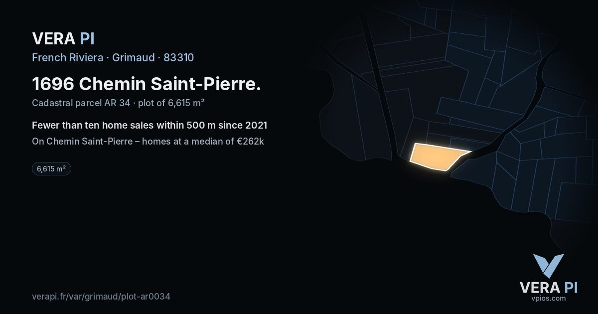 1696 Chemin Saint-Pierre, Grimaud at night – the plot lit, the parcels around coloured by the prices near them