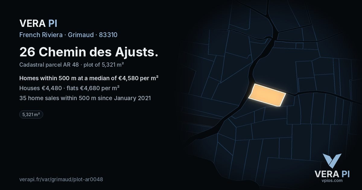 26 Chemin des Ajusts, Grimaud at night – the plot lit, the parcels around coloured by the prices near them