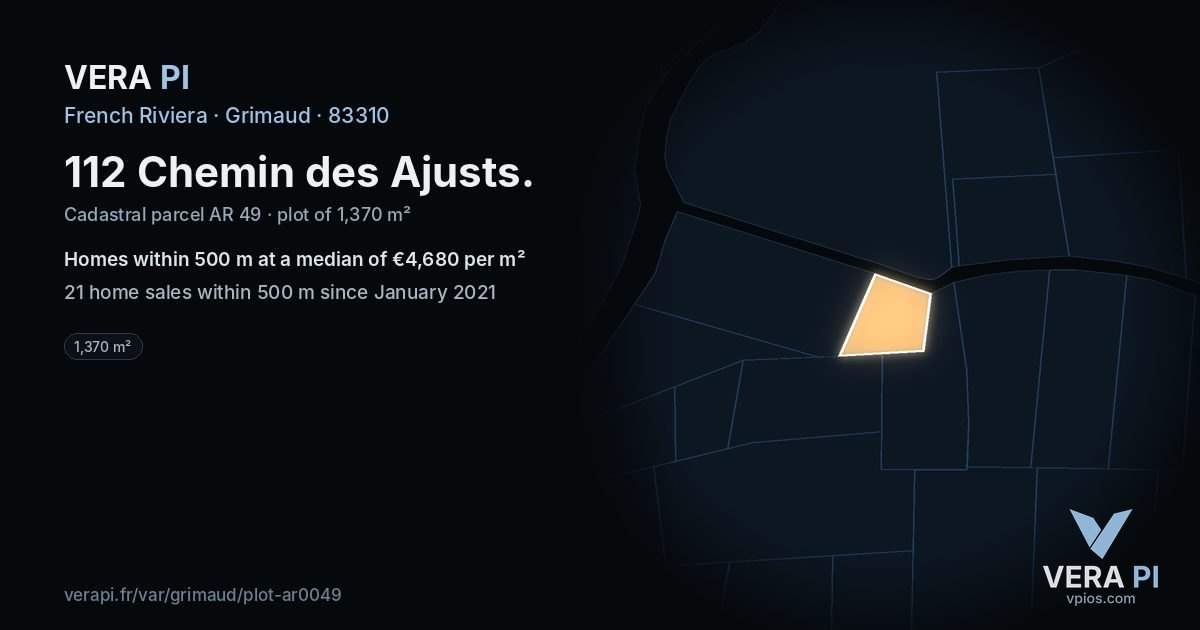 112 Chemin des Ajusts, Grimaud at night – the plot lit, the parcels around coloured by the prices near them